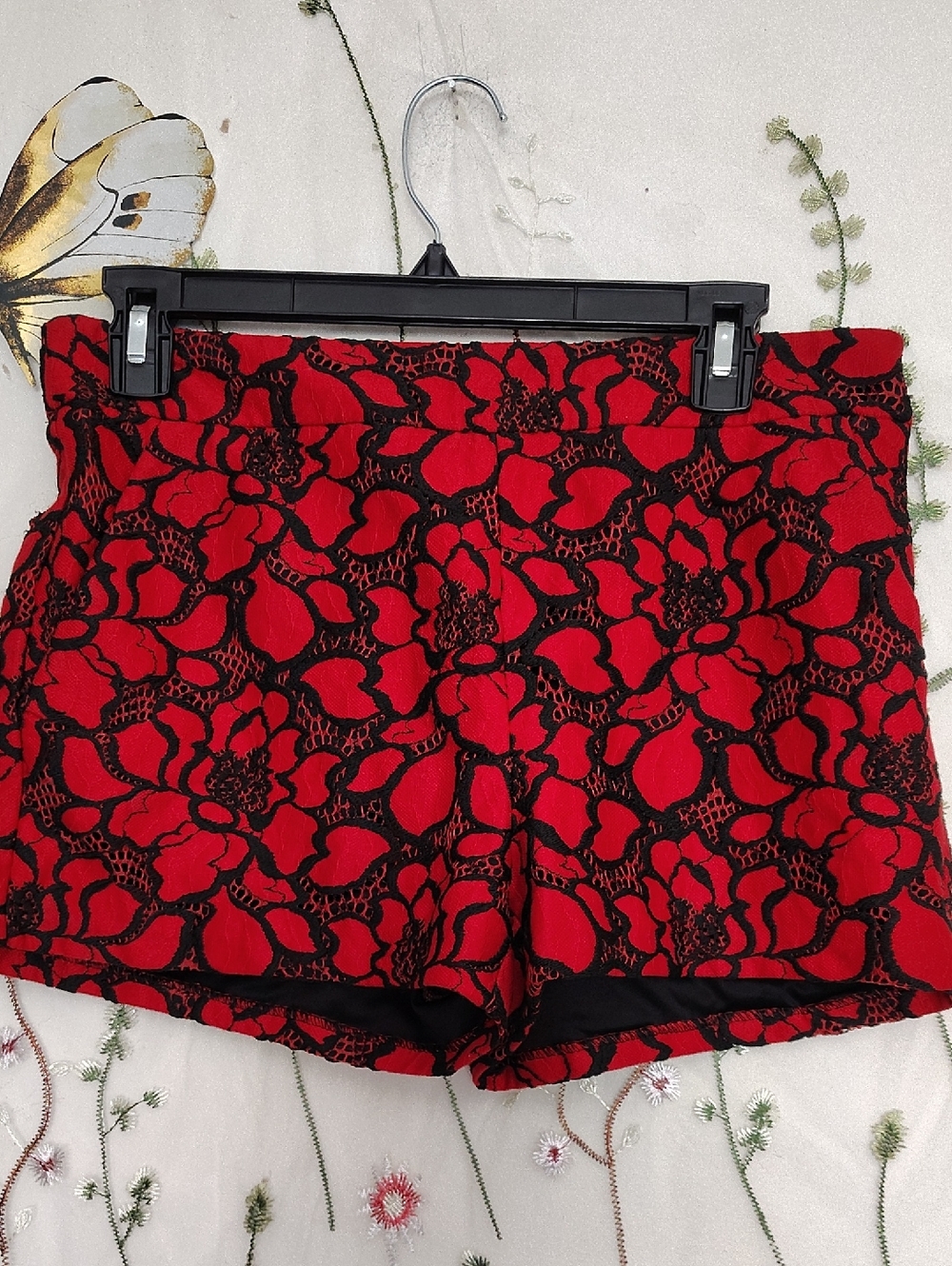 Express Red Shorts with Black Lace Overlay